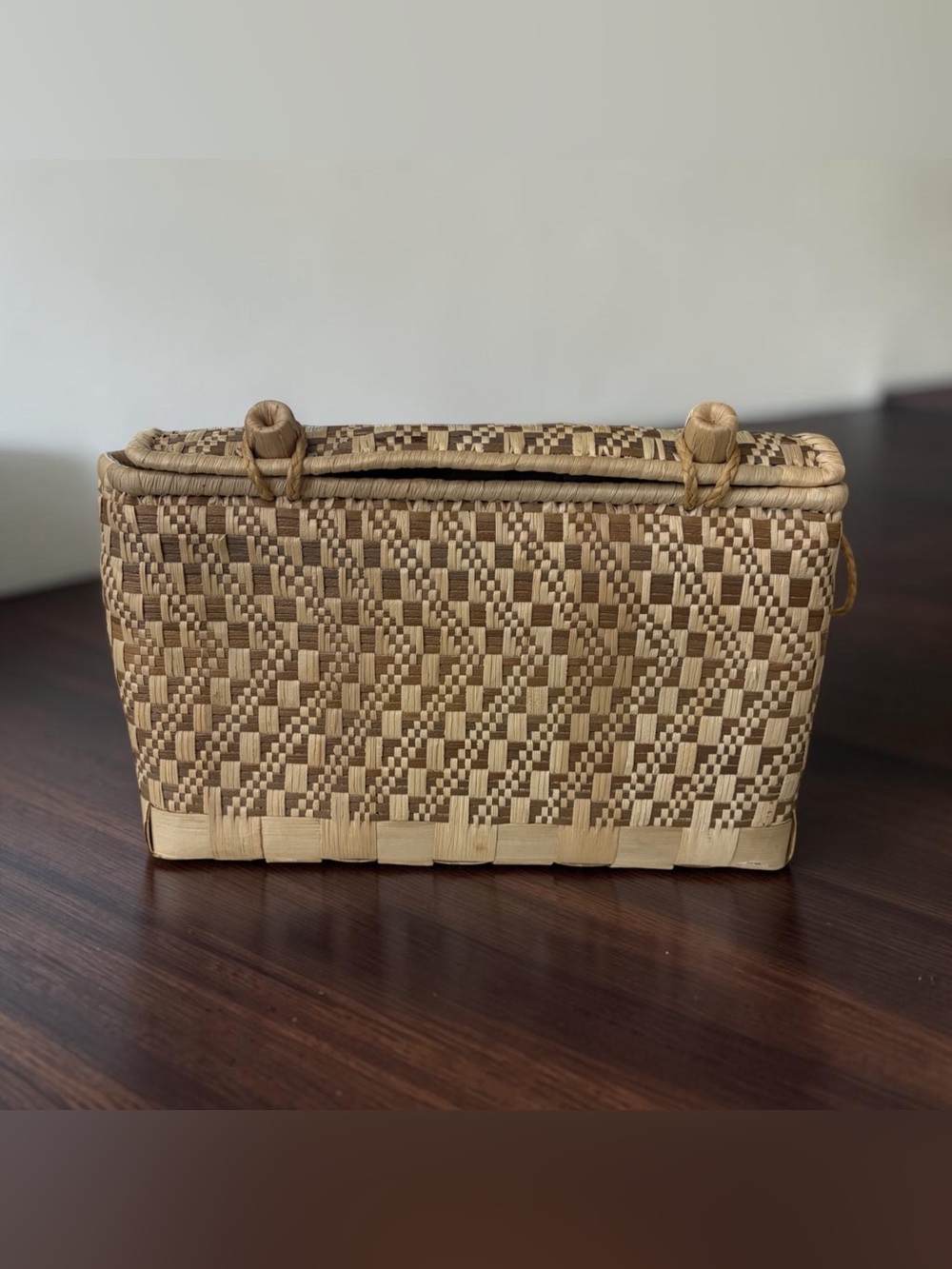 Vintage Handwoven Straw Box Purse Clutch Geometric Basket Bag Woven Knot Closure